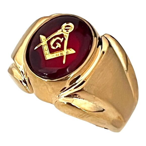 Vintage 1970s Masonic Ring Size 7 18KHGE Red Glass Signet Original Stock - 4Q